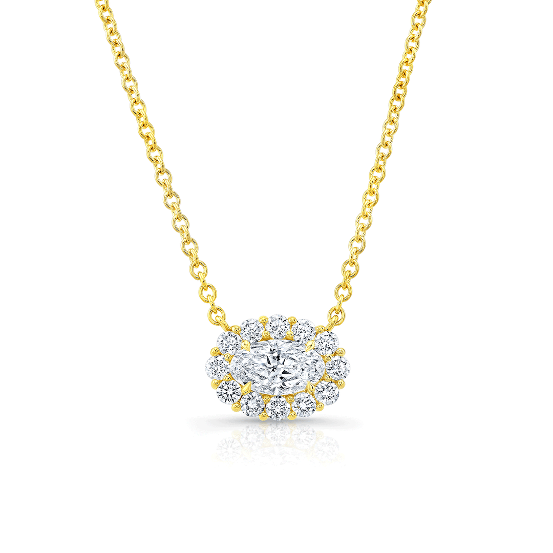 18k Yellow Gold and Oval Diamond .51 Total Weight Halo Pendant