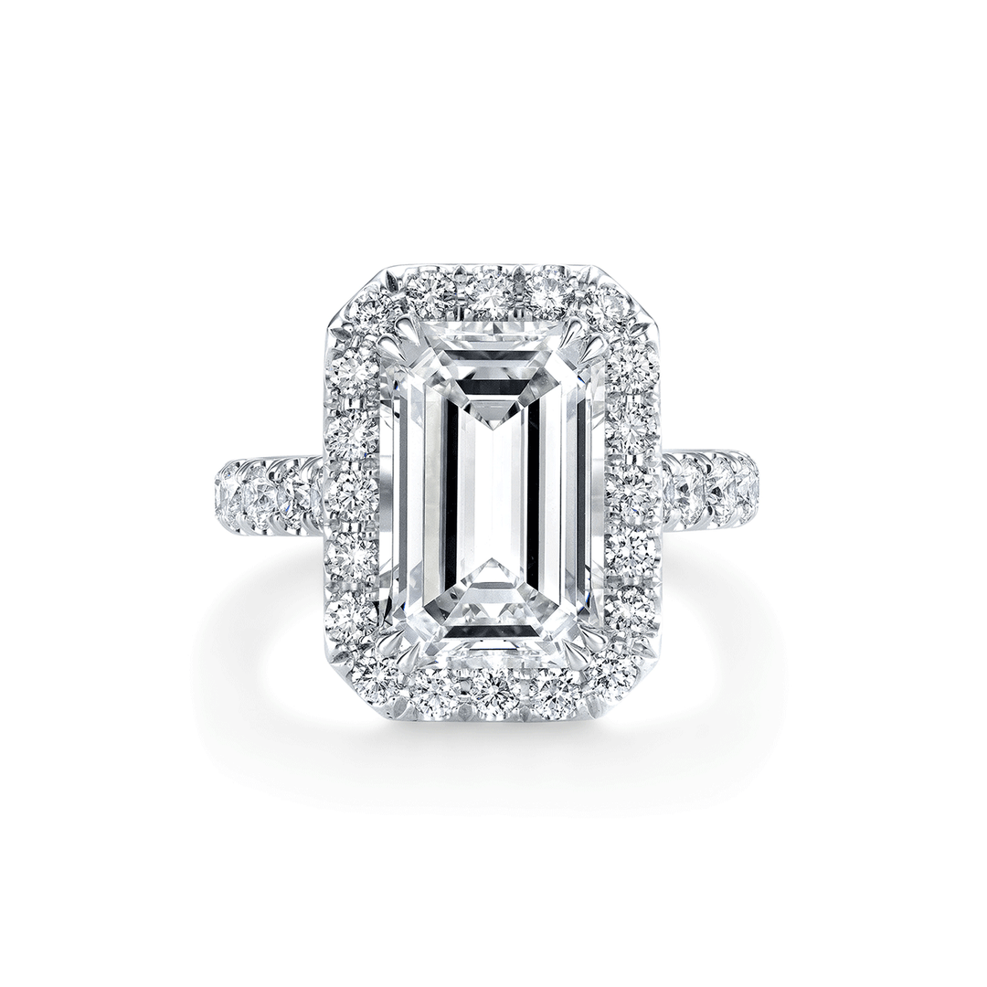 Platinum and 5.08 Total Weight Emerald Cut Diamond Halo Ring