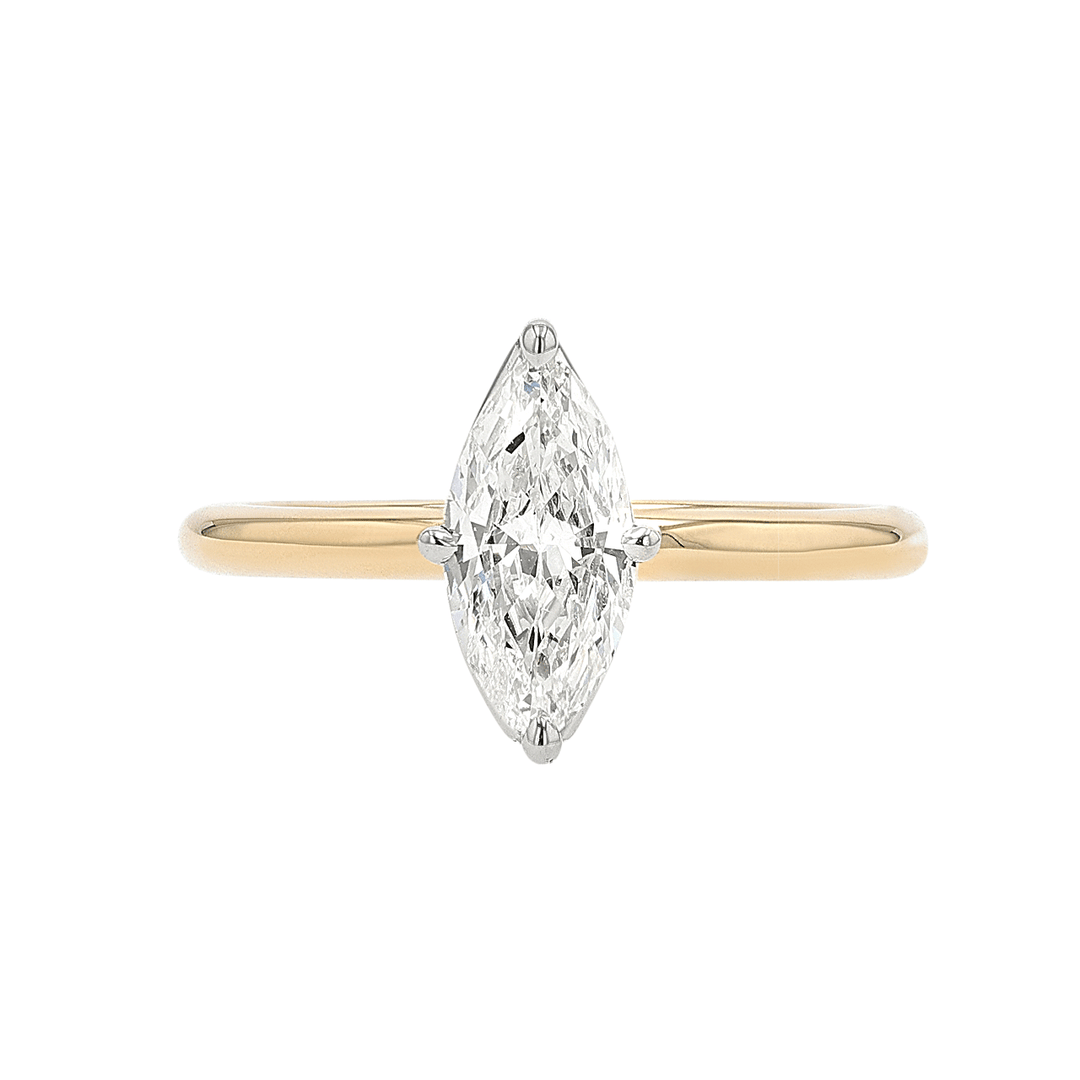 Platinum and 18k Yellow Gold Marquise Diamond .85 Total Weight Solitaire Engagement Ring