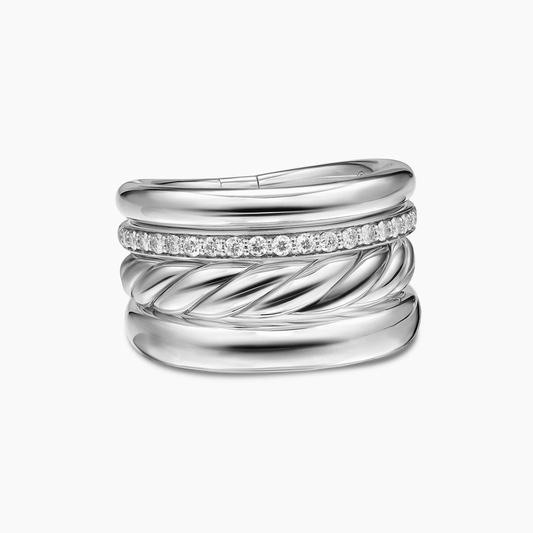 David Yurman Mercer Four Row Ring Sterling Silver with Diamonds, 13.8mm