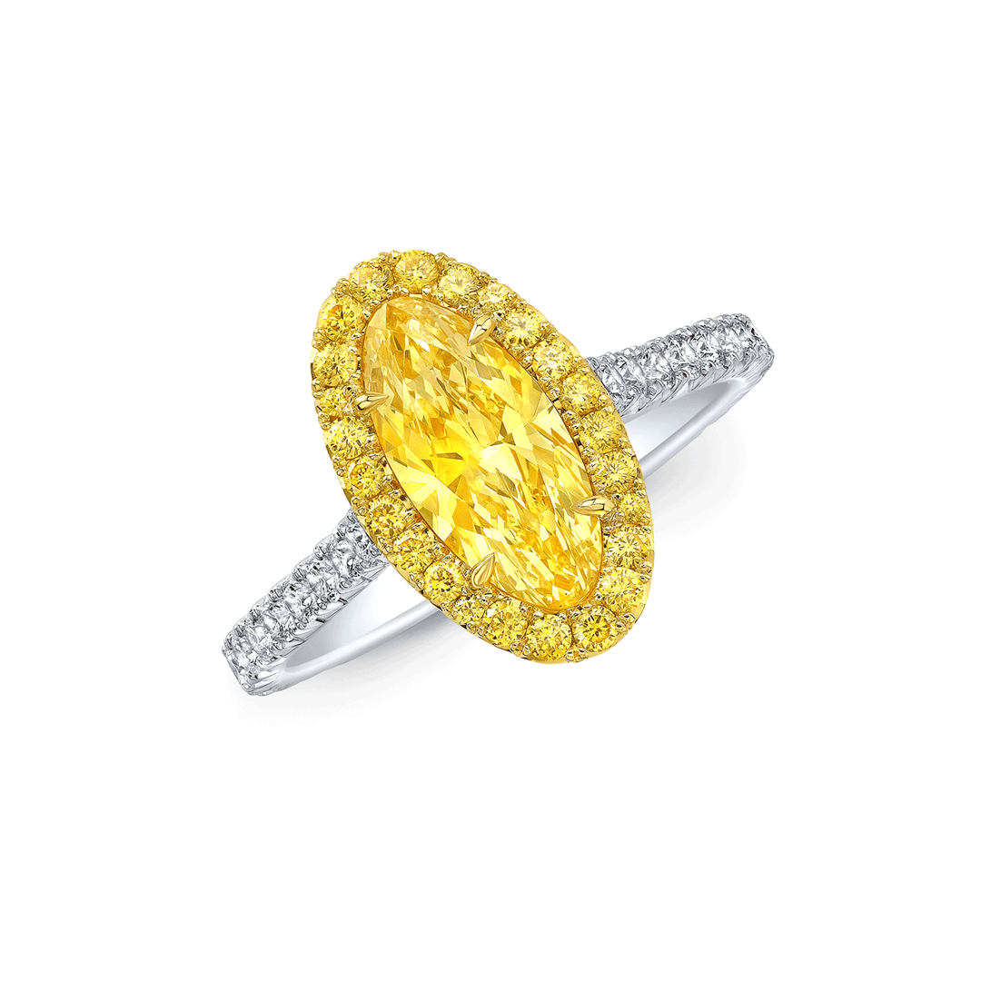 Platinum 18k Yellow Gold and 1.33 Total Weight Oval Fancy Yellow Diamond Ring