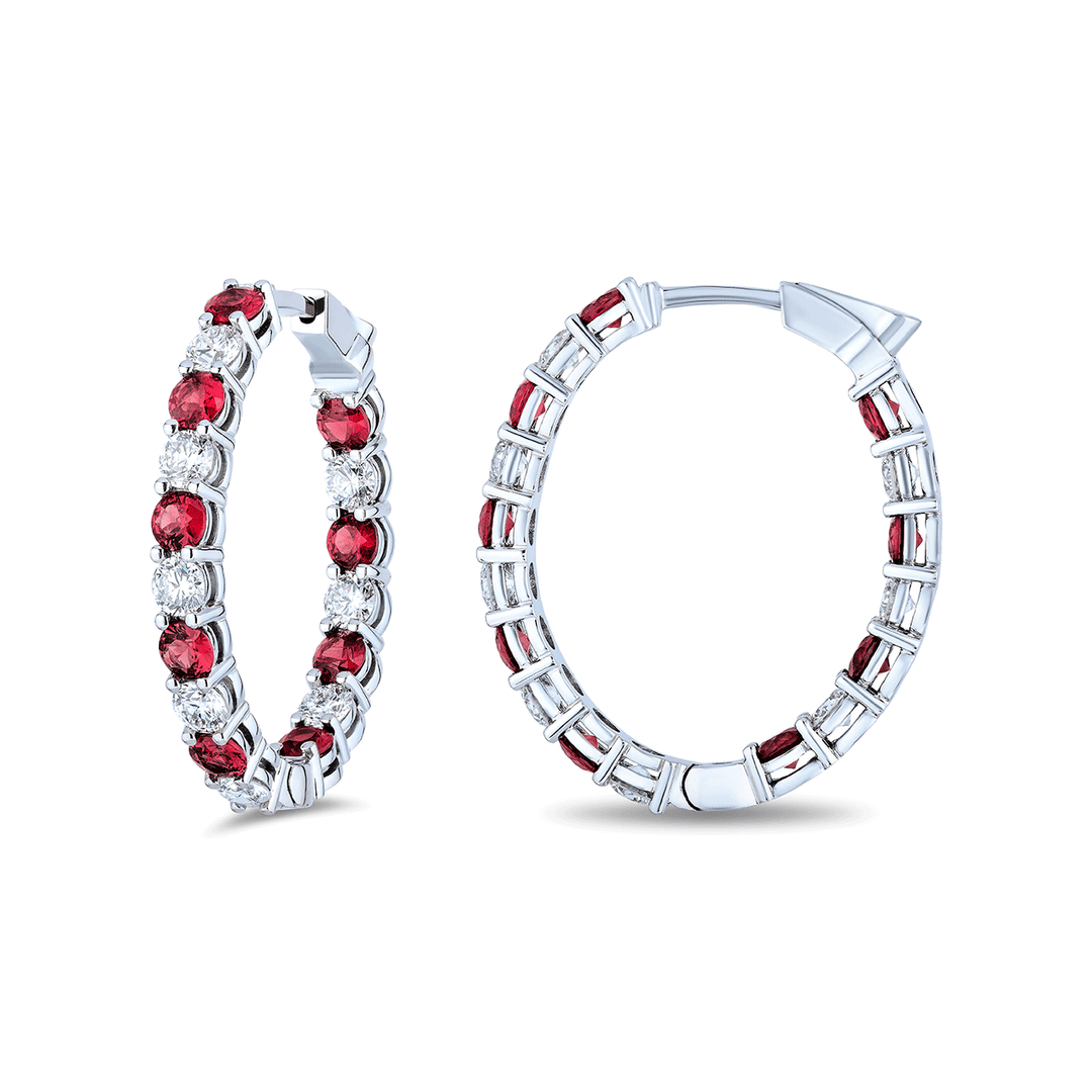 18k Gold Alternating 2.70 Total Weight Ruby and Diamond Hoops