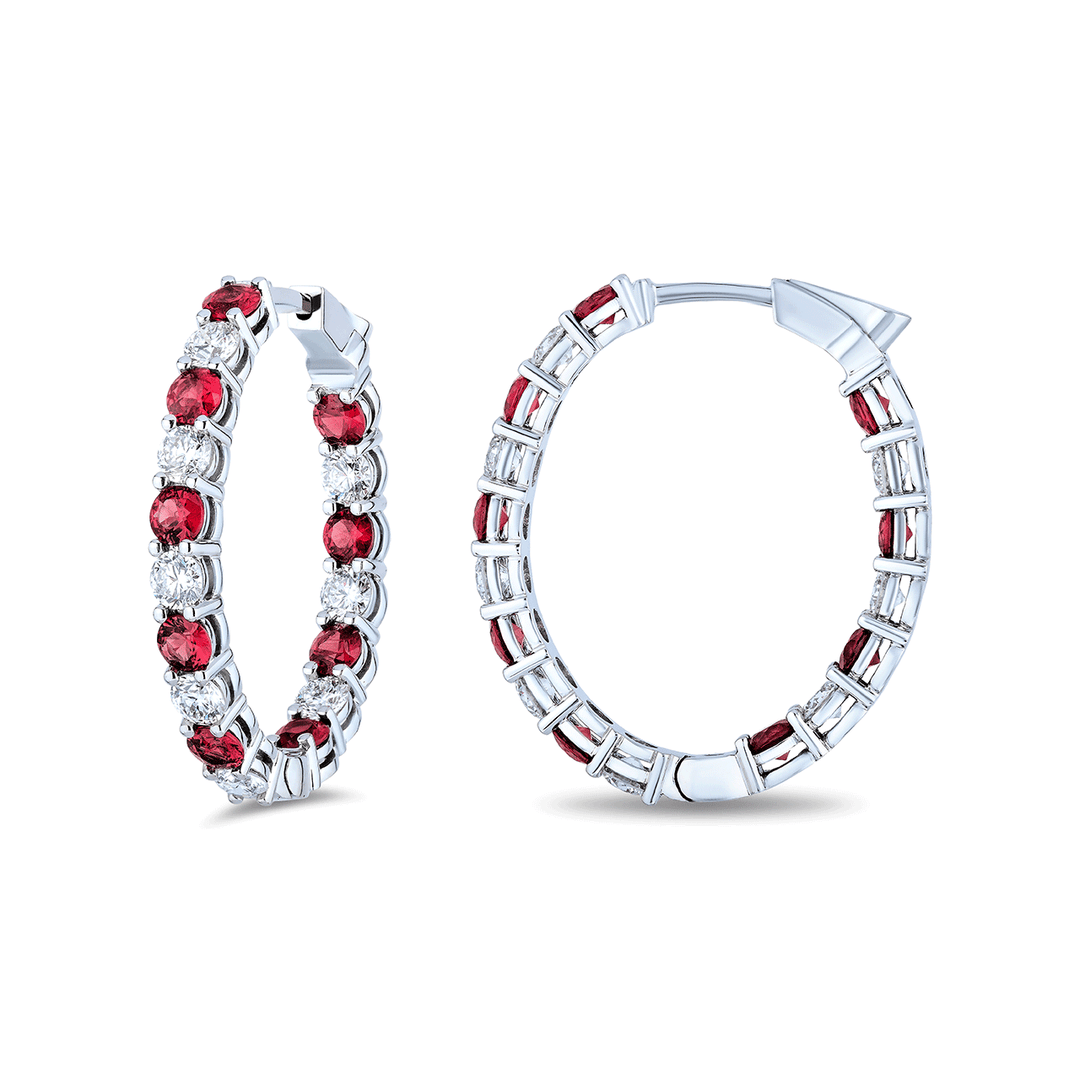 18k Gold Alternating 2.70 Total Weight Ruby and Diamond Hoops