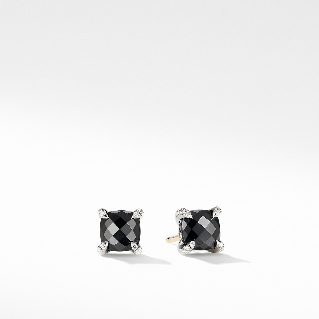 David Yurman Petite Chatelaine Stud Earrings Sterling Silver with Black Onyx and Diamonds, 6mm