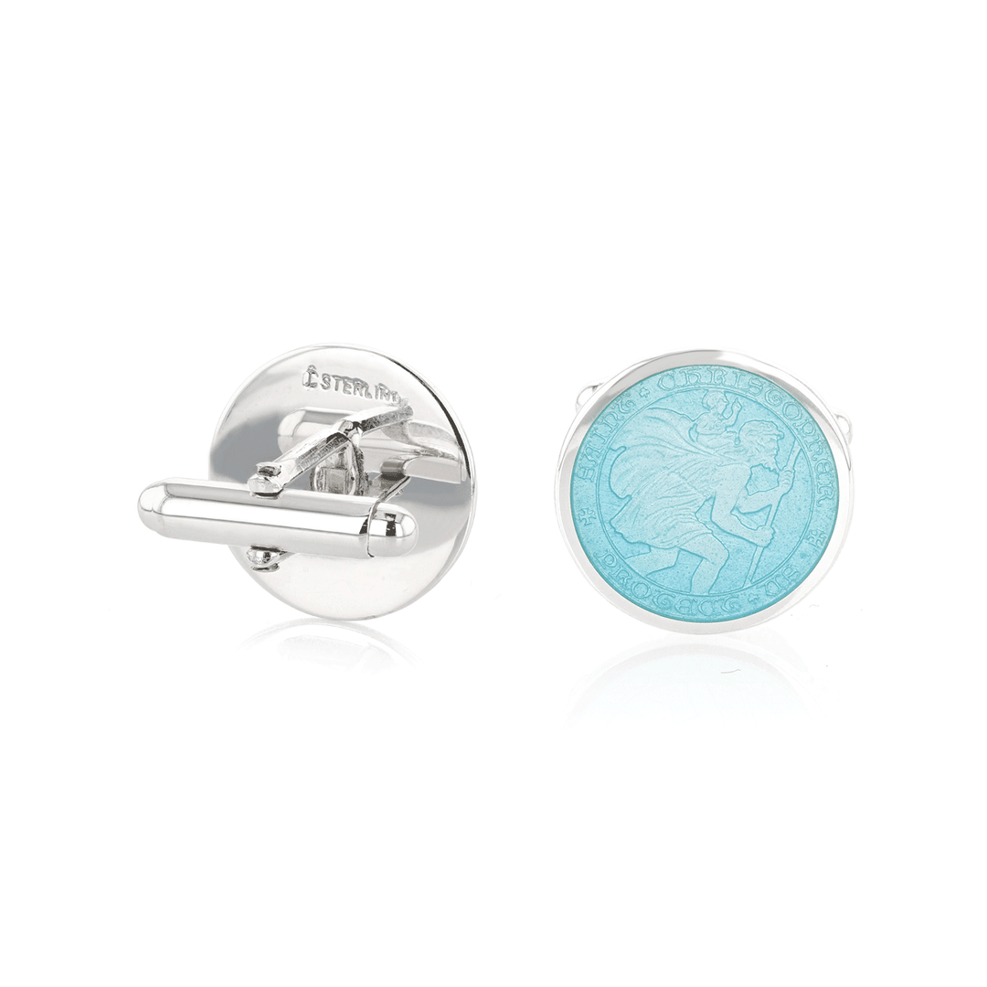 Sterling Silver and Light Blue Enamel St. Christopher Cufflinks