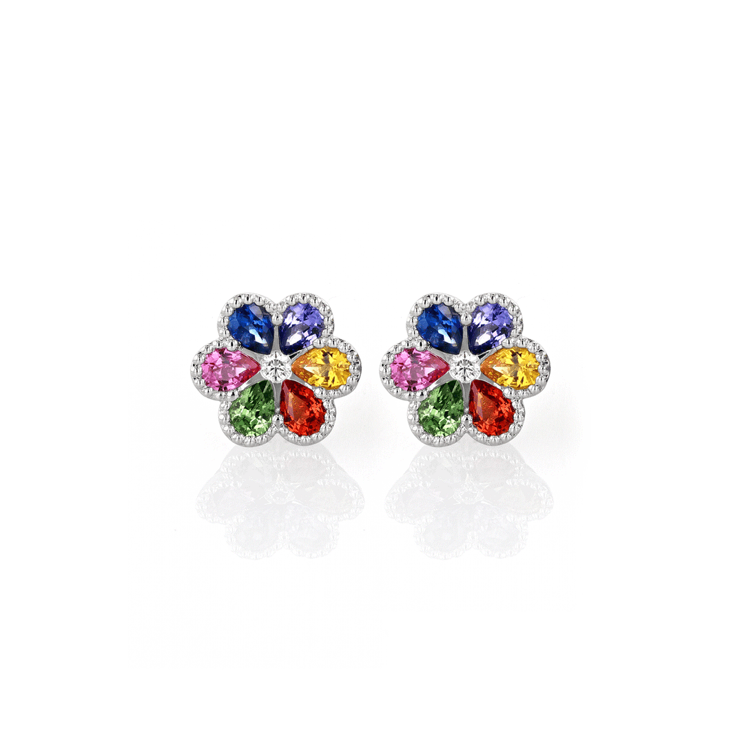 18k Gold Floral Multi Gemstone 1.32 Total Weight Studs