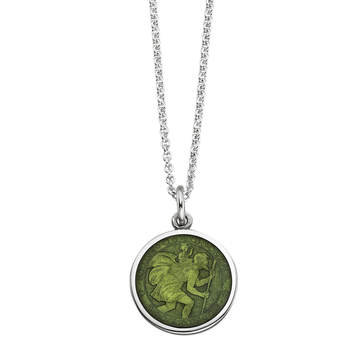 St. Christopher Moss Green Enamel Medal With Chain