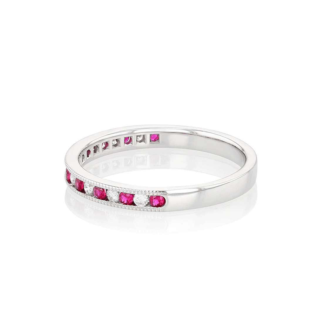 Platinum and 0.25 Total Weight Ruby Diamond Milgrain Half Way Band