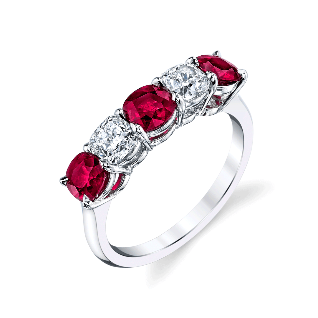 Platinum Ruby 1.95 Total Weight and Diamond Five Stone Band