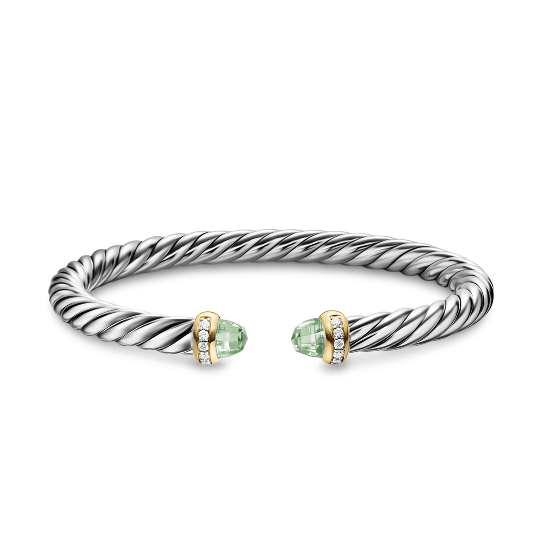 David Yurman Cable Flex Bracelet Sterling Silver with 14k Yellow Gold Domes and Diamonds, 6mm