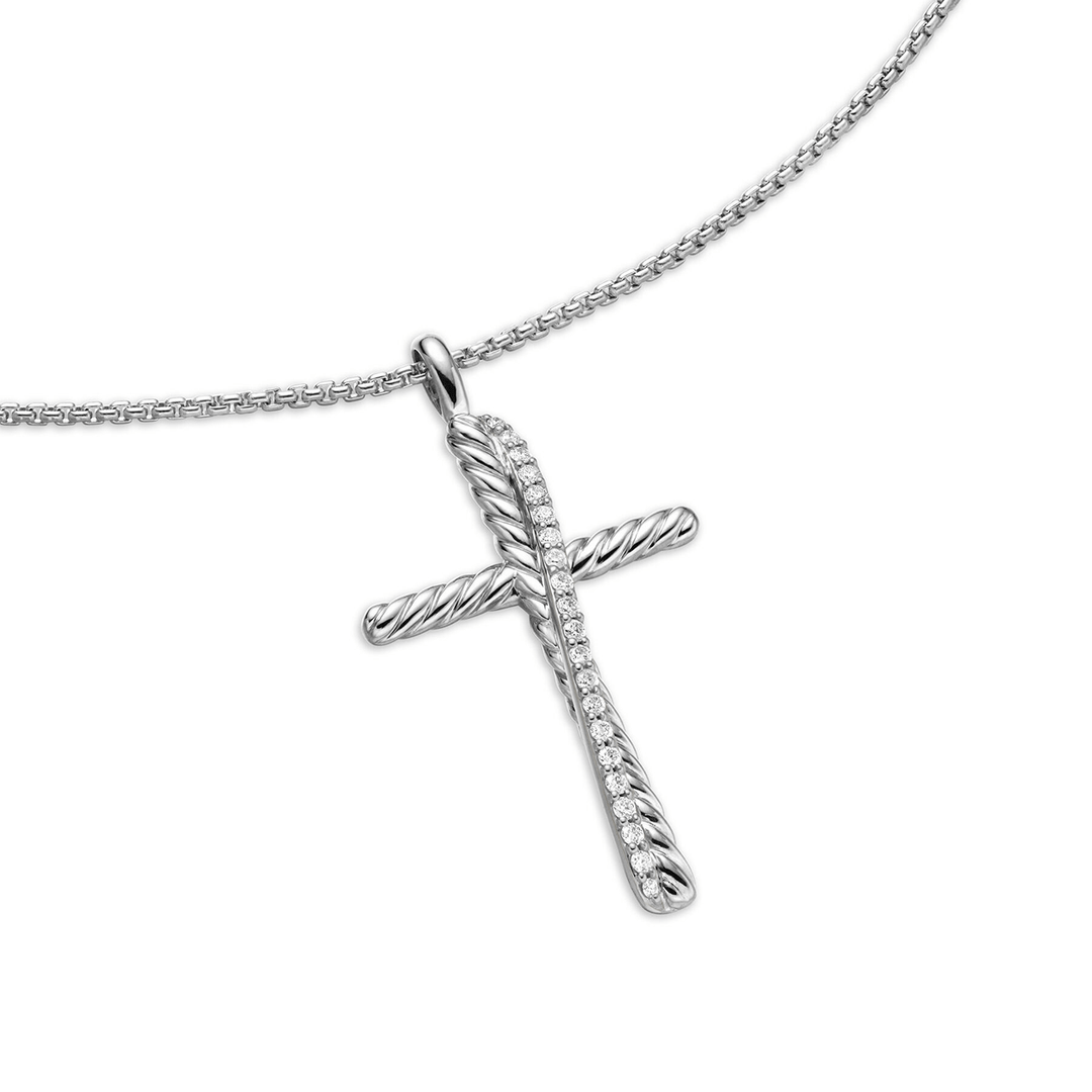 David Yurman Crossover Cross Necklace Sterling Silver with Diamonds, 35.6mm