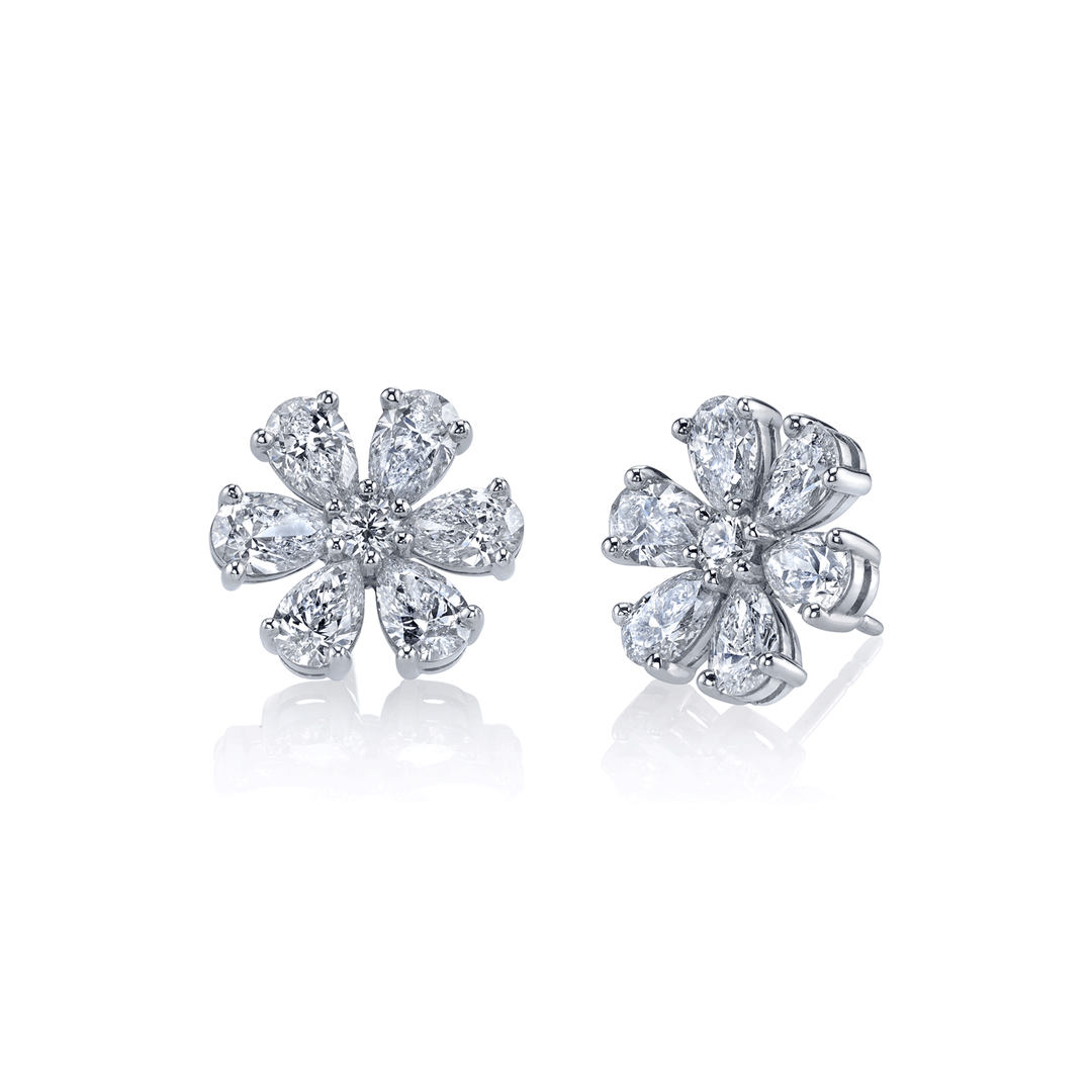 Platinum and Pear Diamond 6.21 Total Weight Flower Earrings