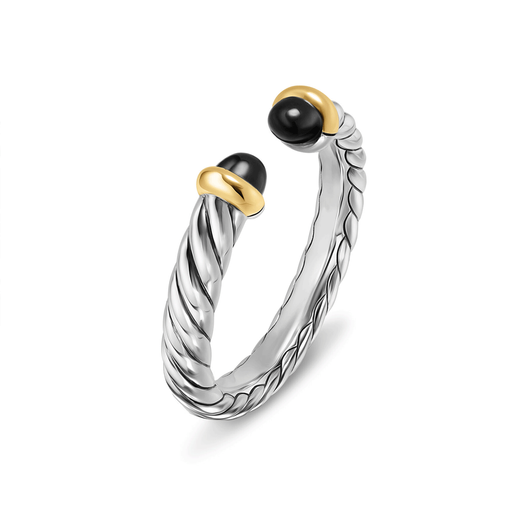 David Yurman Petite Cable Open Ring Sterling Silver with 14K Yellow Gold and Black Onyx, 3.4mm