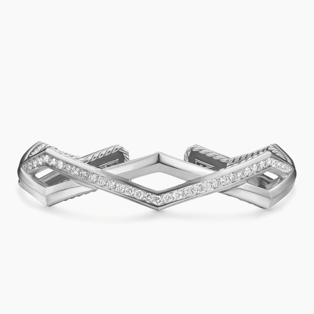 David Yurman Zig Zag Stax Two Row Cuff Bracelet Sterling Silver with Diamonds, 13mm