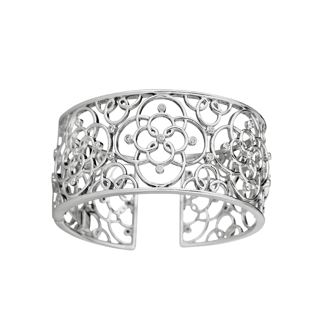 Arabesque Sterling Silver Wide Openwork Diamond Bracelet