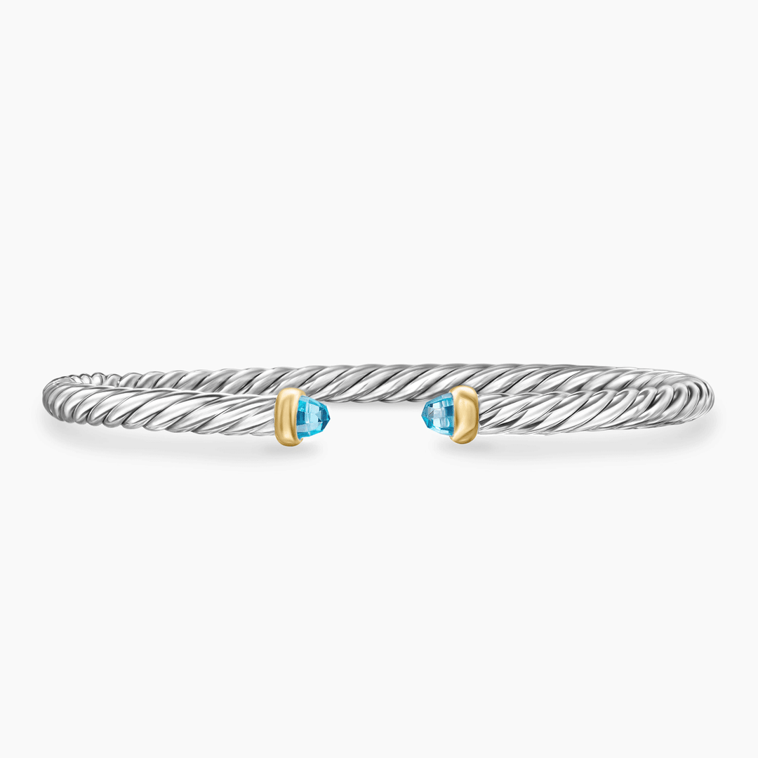 David Yurman Cable Flex Bracelet Sterling Silver with 14k Yellow Gold and Blue Topaz, 4mm