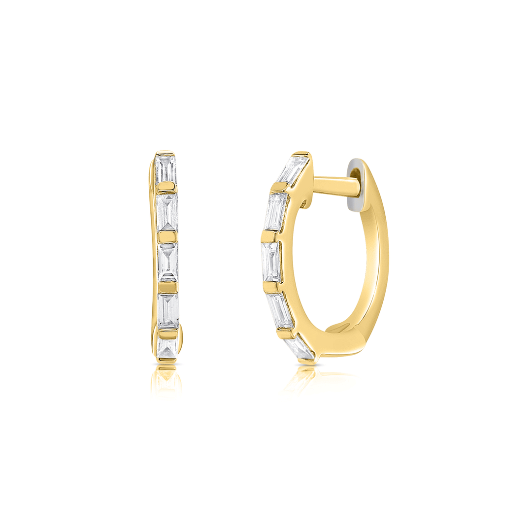 14k Yellow gold and Diamond Baguette .15 Total Weight Mini Hoops