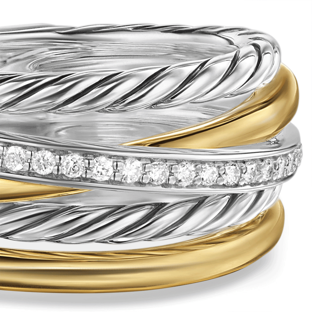 David Yurman Crossover Five Row Ring Sterling Silver with 18k Yellow Gold and Diamonds, 11mm