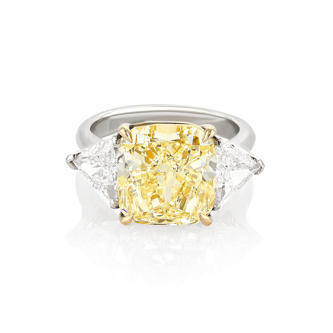 Platinum 18k Yellow Gold and Cushion Cut Diamond 8.01 Total Weight Three Stone Ring