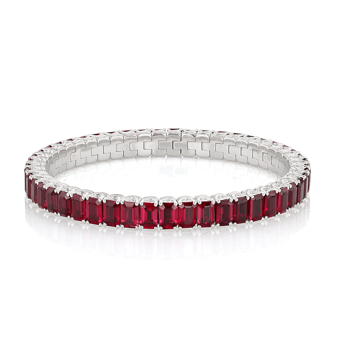 18k White Gold and Mozambique Emerald Cut Rubies 33.05 Total Weight Flex Bracelet