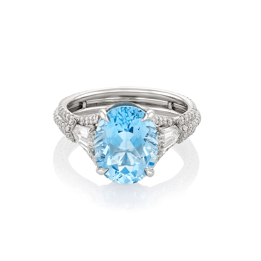 Platinum Oval Aquamarine 3.22 Total Weight and Diamond Ring