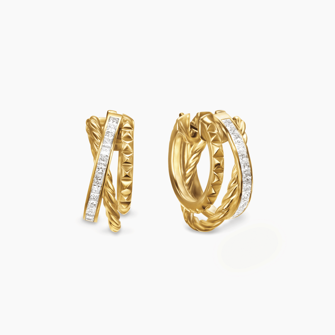 David Yurman Crossover Trio Multi Row Hoop Earrings 18k Yellow Gold with Diamonds, 18mm