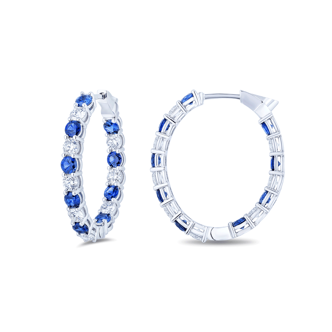 18k White Gold 28mm Sapphire 2.70 Total Weight and Diamond In and Out Hoops
