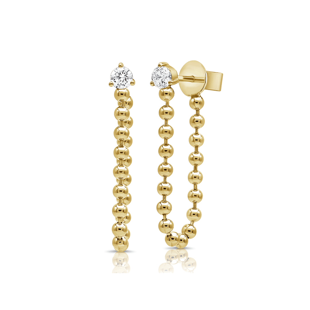 14k Yellow Gold and .16 Total Weight Diamond Solitaire Studs With Chain Ball Earrings