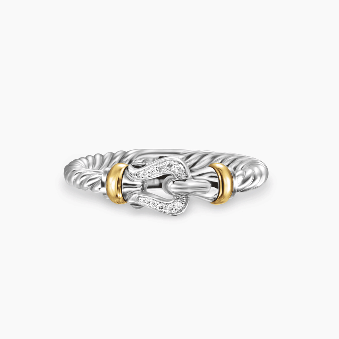 David Yurman Petite Buckle Ring Sterling Silver with 18k Yellow Gold and Diamonds, 2mm