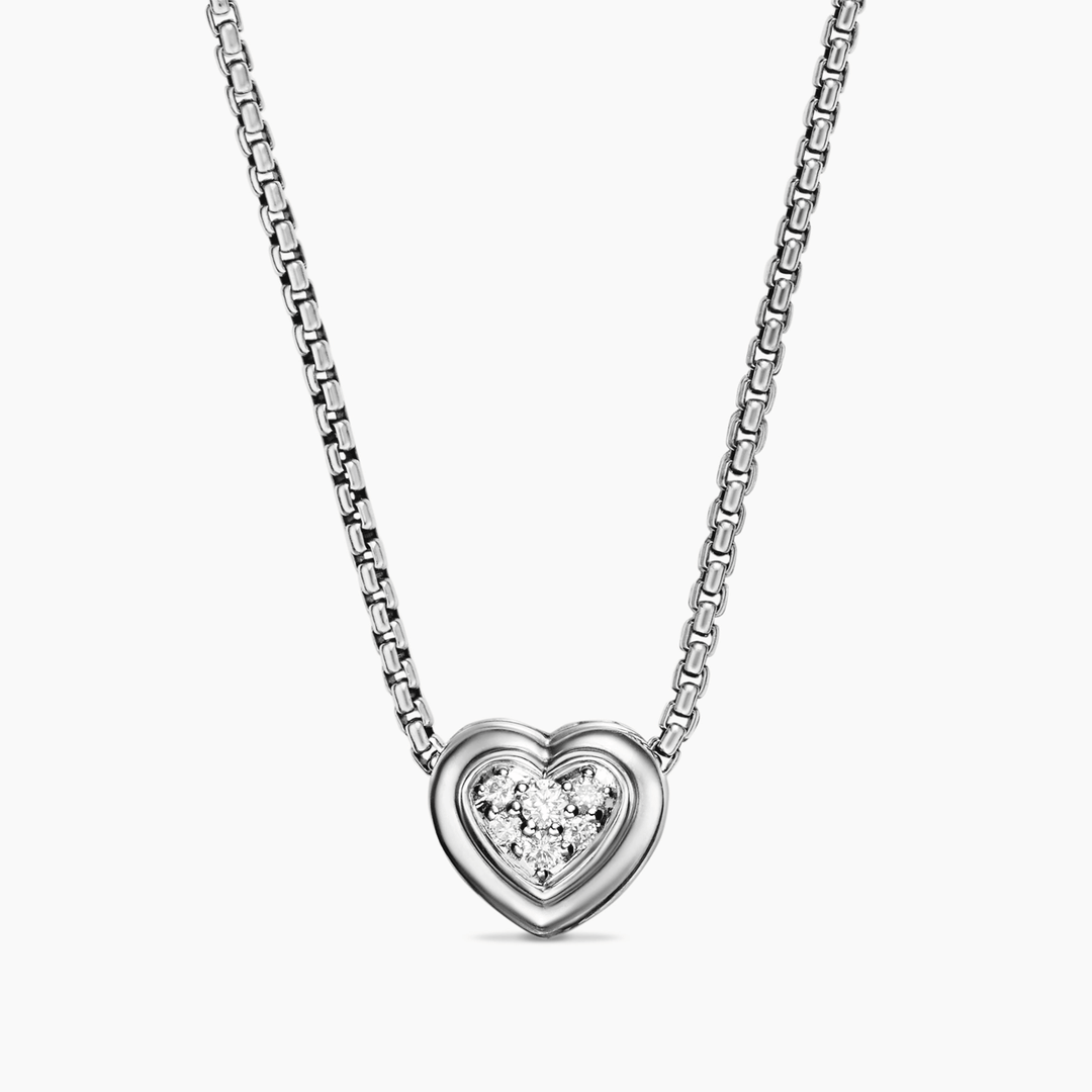 David Yurman Puffy Heart Pendant Necklace Sterling Silver with Diamonds, 7.8mm