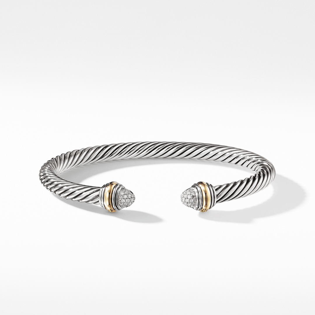 David Yurman Classic Cable Bracelet Sterling Silver with 14K Yellow Gold and Pavé Diamond Domes, 5mm