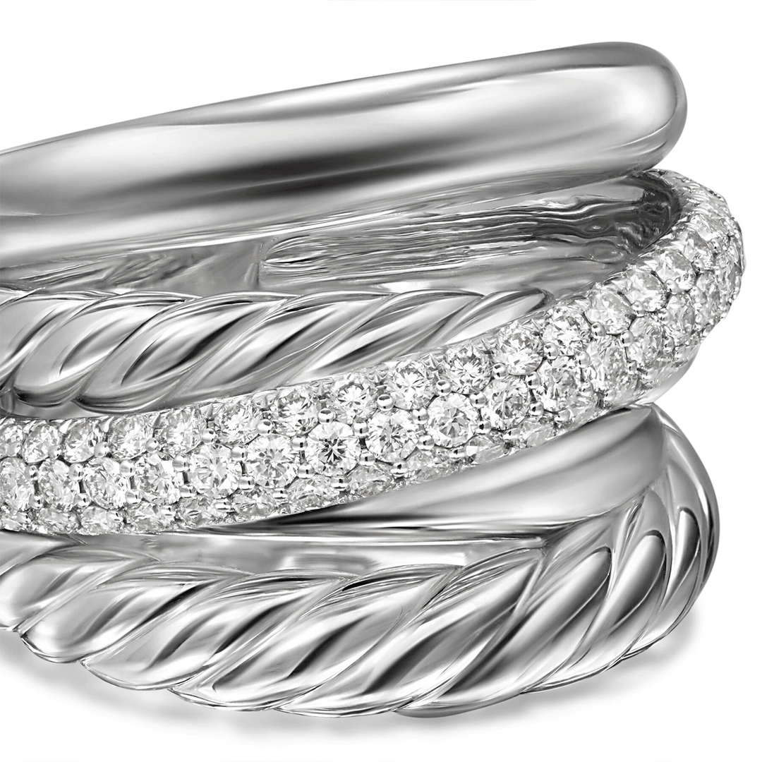 David Yurman Crossover Five Row Ring Sterling Silver with Diamonds, 17.5mm