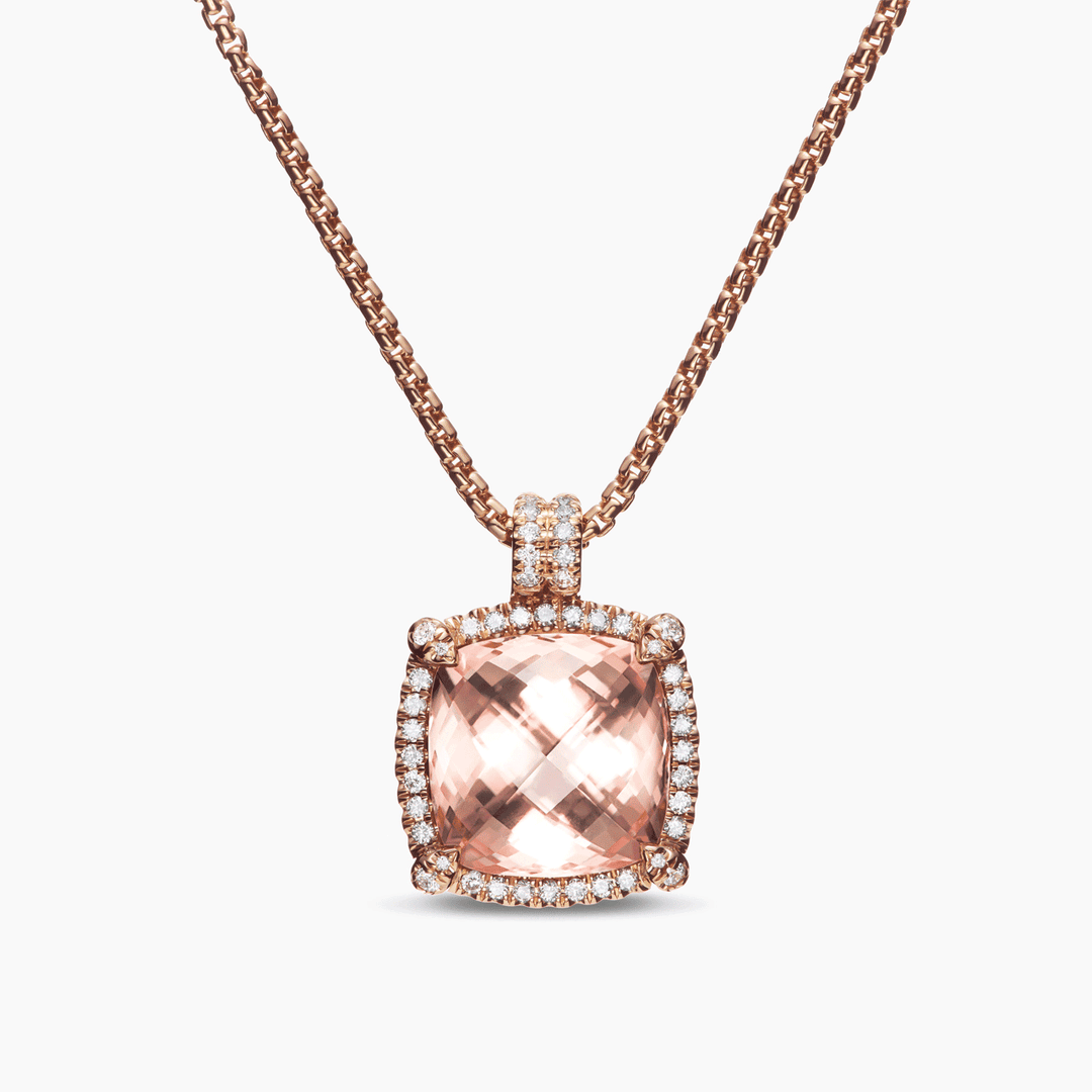 David Yurman Chatelaine Pavé Bezel Pendant Necklace 18k Rose Gold with Morganite and Diamonds, 14mm