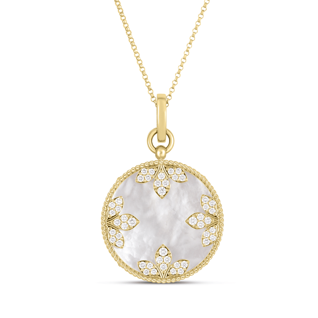 Roberto Coin Venetian Medallions 18k Yellow Gold Mother Of Pearl and Diamond Round Pendant