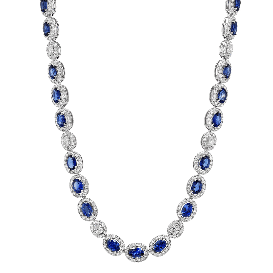 18k Gold Oval Sapphire 20.63 Total Weight and Diamond Necklace