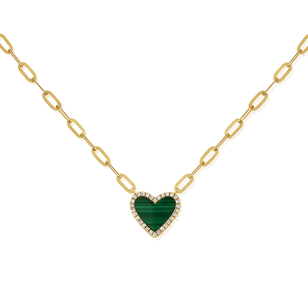 14k Yellow Gold and Malachite Gemstone Heart Necklace