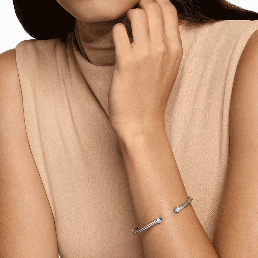David Yurman Cable Flex Bracelet Sterling Silver with Blue Topaz and Diamonds, 4mm