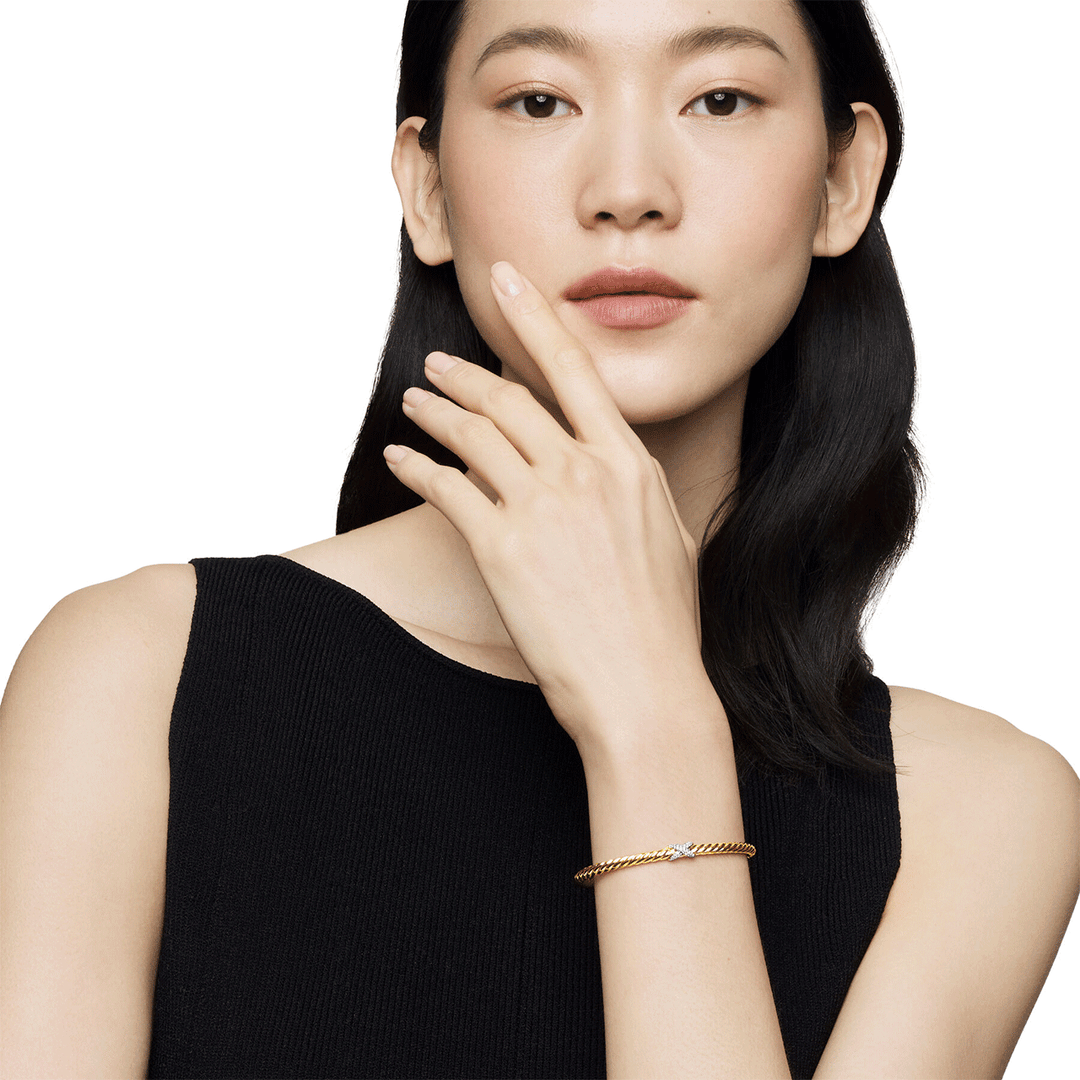 David Yurman X Cablespira Flex Station Bracelet 18K Yellow Gold with Pavé Diamonds, 4mm