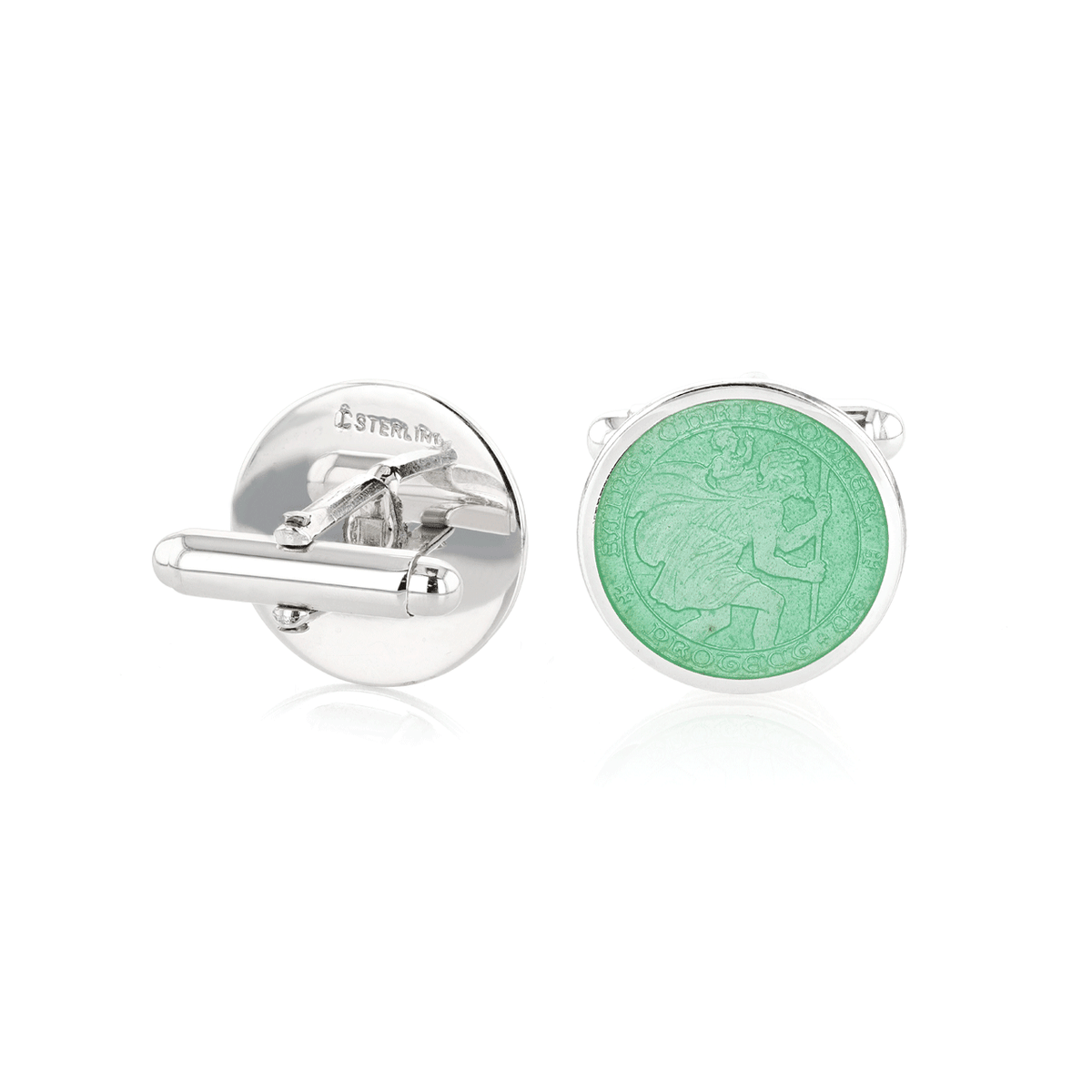 Sterling Silver and Green Enamel St. Christopher Cufflinks