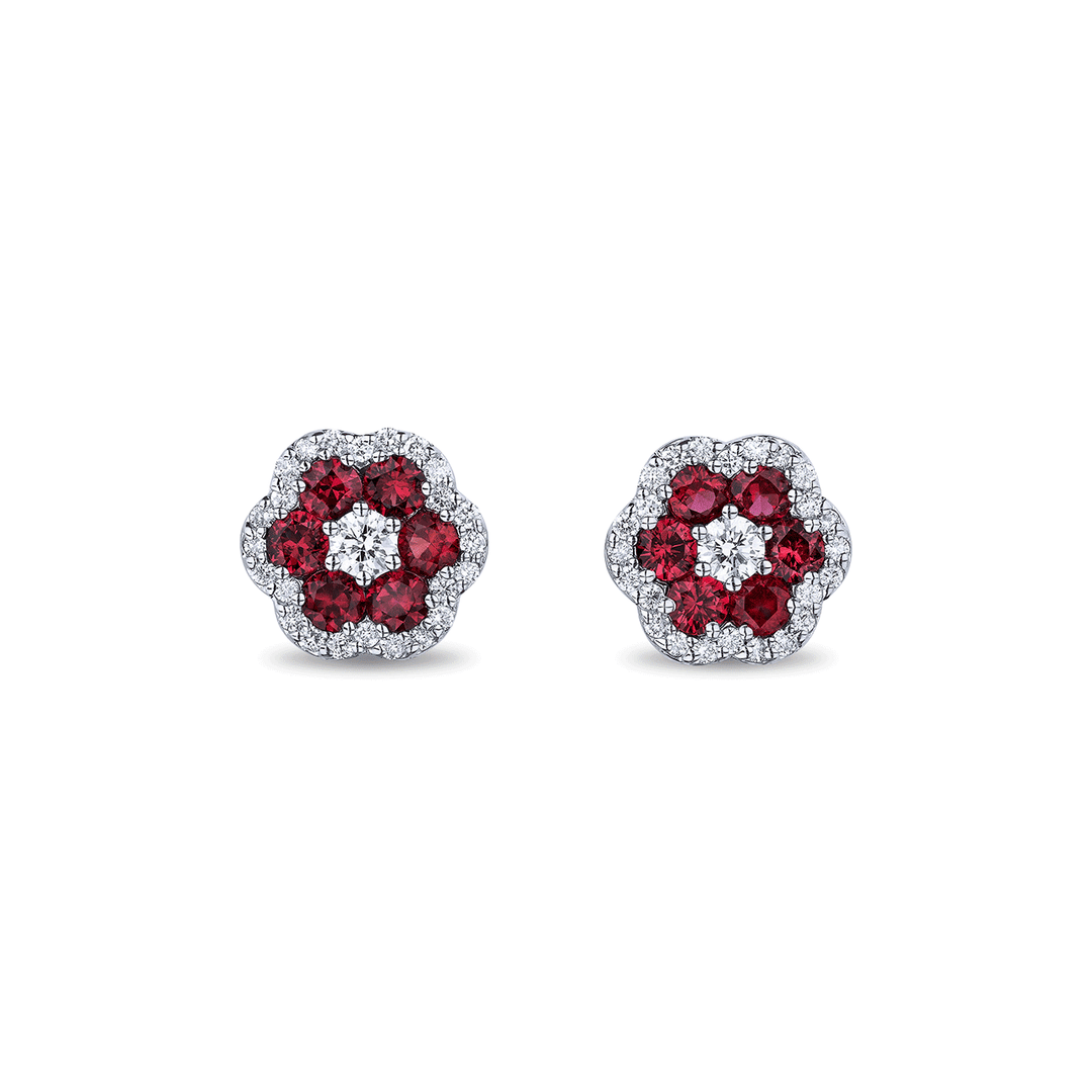 18k White Gold and Ruby 1.14 Total Weight and Diamond Flower Earrings