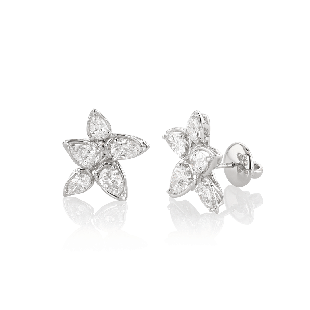 18k White Gold and 2.10 Total Weight Diamond Flower Stud Earrings