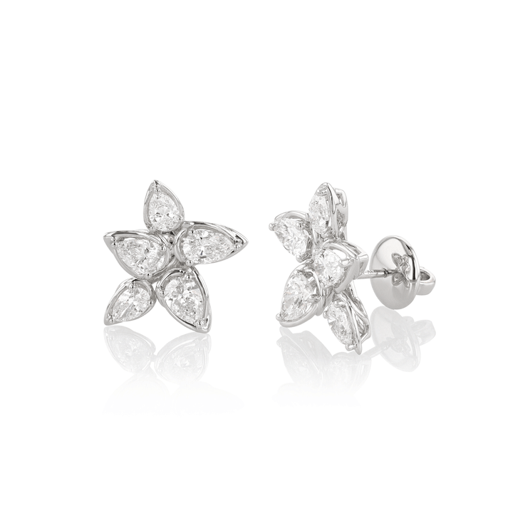 18k White Gold and 2.10 Total Weight Diamond Flower Stud Earrings