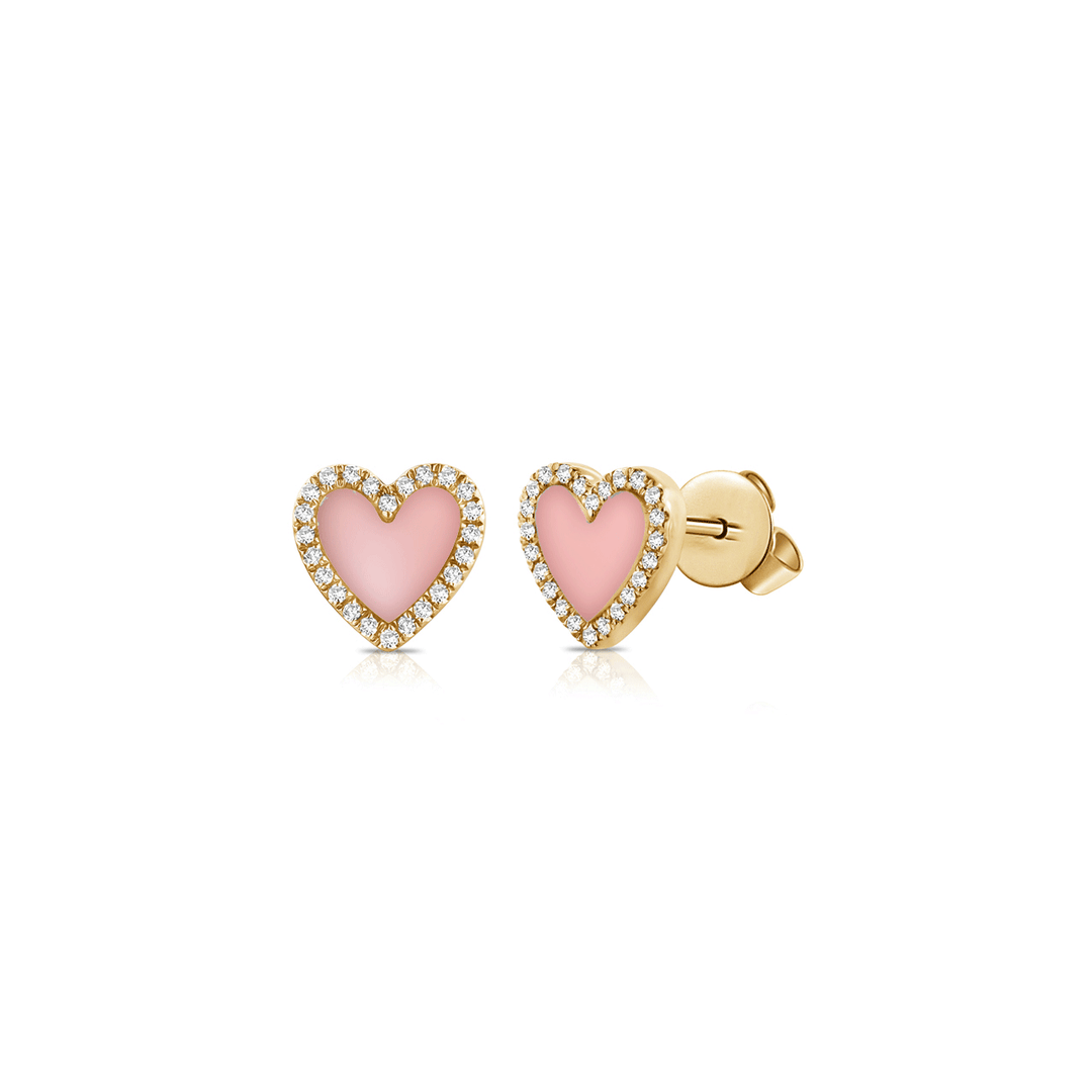 14k Yellow Gold and Pink Enamel Diamond Mini Heart Earrings