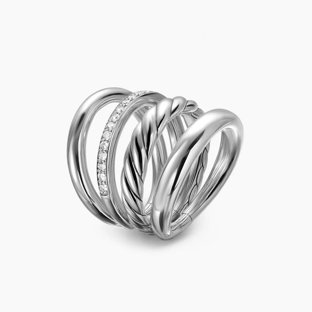 David Yurman Mercer Four Row Ring Sterling Silver with Diamonds, 13.8mm