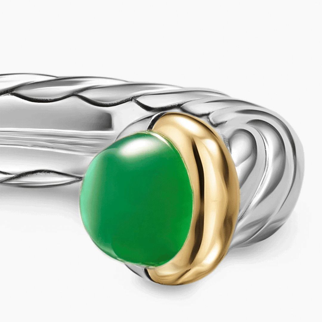David Yurman Petite Cable Open Ring Sterling Silver with 14K Yellow Gold and Green Onyx, 3.4mm