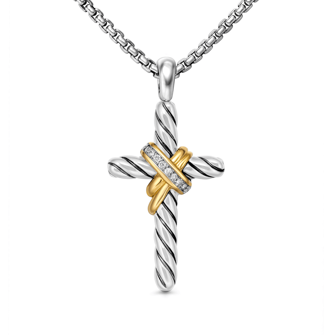 David Yurman X Cross Necklace Sterling Silver with 14K Yellow Gold and Diamonds, 31.7mm