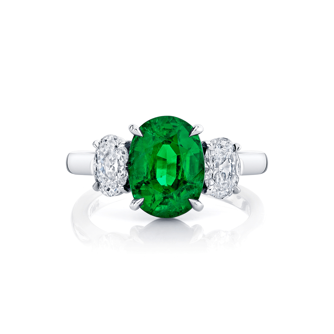 Plaitnum 18k Yellow Gold and 3.09 Total Weight Oval Shape Emerald Diamond Three Stone Ring