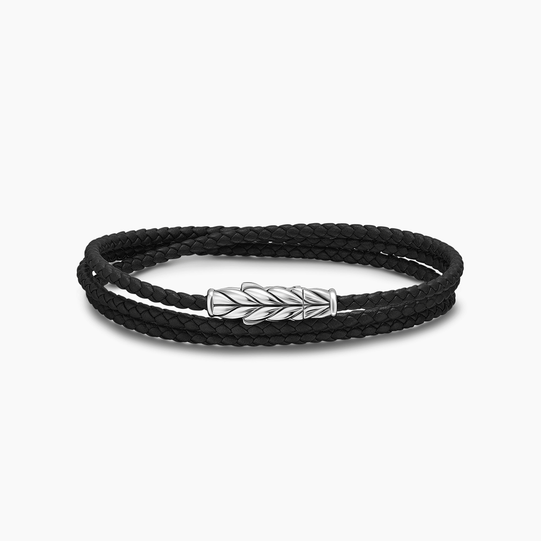 David Yurman Chevron Triple Wrap Bracelet Black Leather with Sterling Silver, 3mm