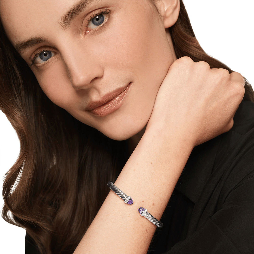David Yurman Cable Flex® Bracelet Sterling Silver with Amethyst and Diamonds, 6mm Medium