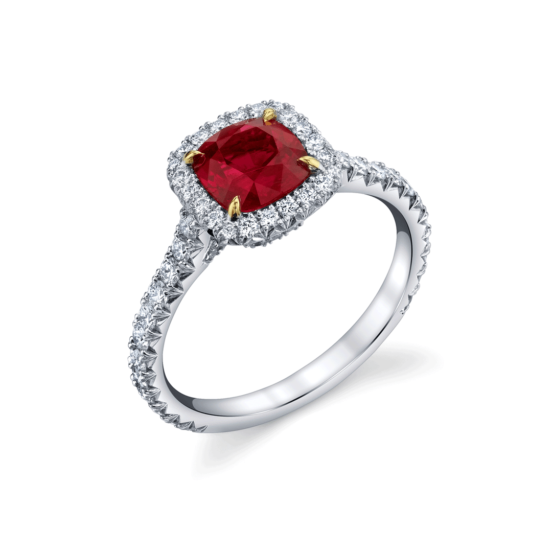 Platinum Cushion Burmese Ruby 1.63 Total Weight and Diamond Ring
